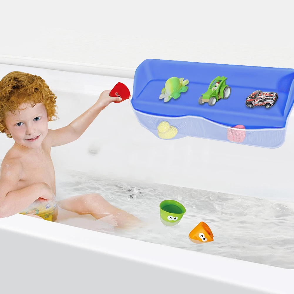 Bathtub Splash Guard 8 Suction Cups Baby Bath Toy Storage Rack 4 Mesh Pockets Tub Shelf Bathtub Storage Rack for Bathroom