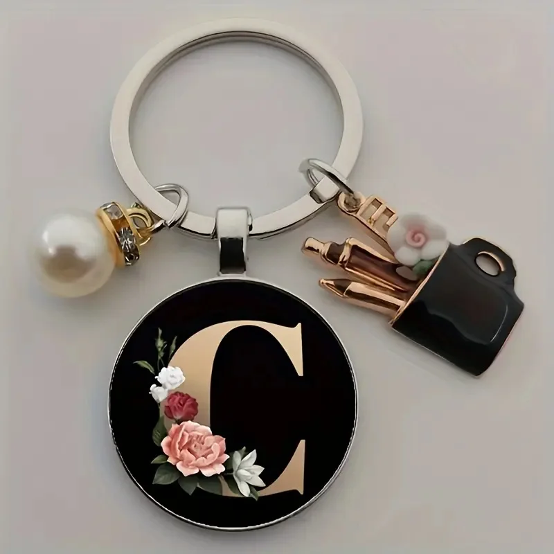 1 Elegant Women Alloy Initial Keychain with Imitation Pearl Vibrant Red Floral Design - Stylish Bag Charm & Perfect Gift for Her 6