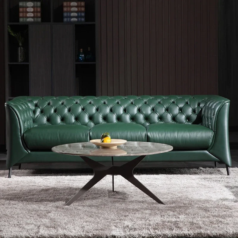 

Light Luxury Sofa Italian Modern Style Large Apartment Genuine Leather Hong Kong Style Living Room Complete Sofa Dark Green