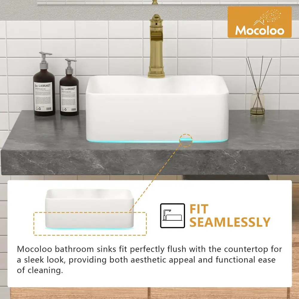 16" Rectangular Ceramic Vessel Bathroom Sink White Countertop Basin Above Counter Easy-to-Clean Durable Modern Style Ideal Small 6