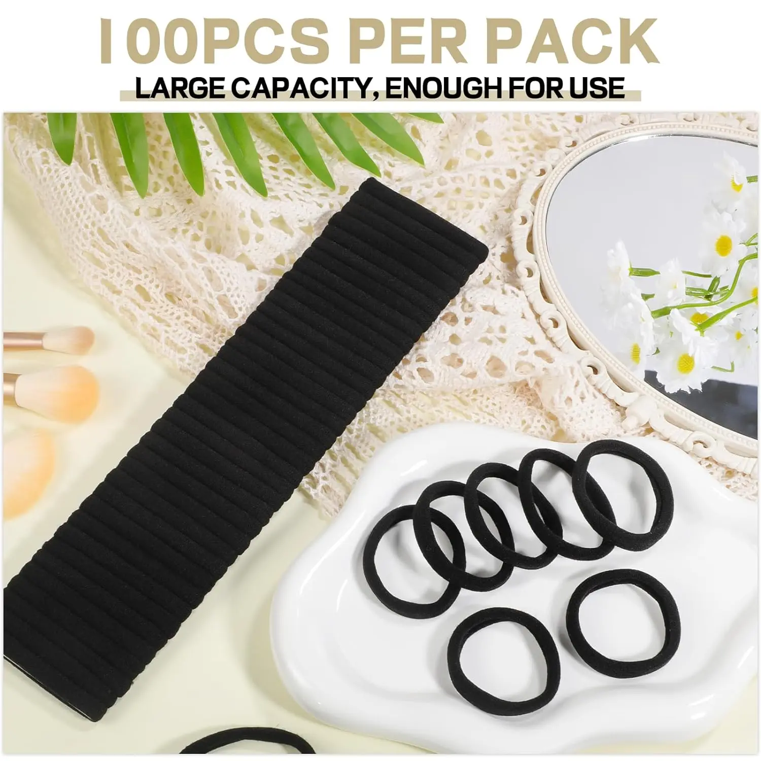 100PCS 4cm Black Hair Ties, Cotton Seamless Ponytail Holders, No Damage Elastics Hair Bands for Thick Heavy &Curly