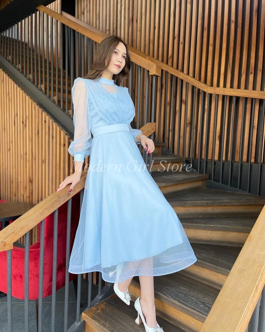 

Light Sky Blue Long Sleeves Prom Dresses A-Line O-Neck Ankl Length Saudi Arabia Women Evening Party Dress