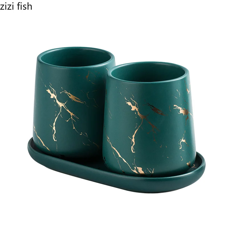 Ceramic Bathroom Tumbler With Gilded Marble Texture Set_voghion.com