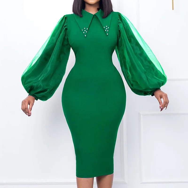 Autumn Net Yarn Patchwork Long Sleeve Nail Bead Solid Bag Hip Plus Size Dress for Women Doll Collar Slim Pullover Pencil Skirt