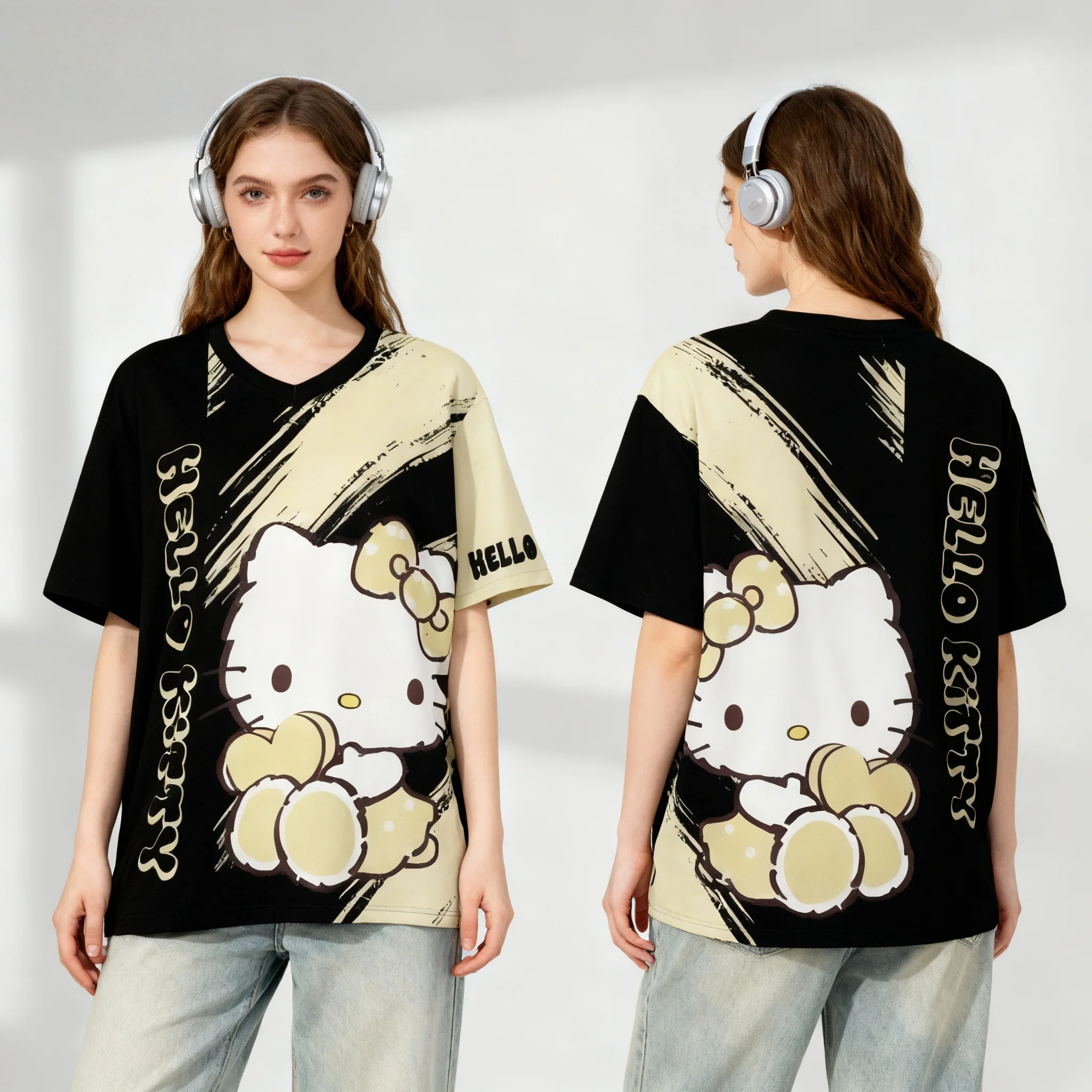 Sanrio Hello Kitty Elemental Ball Wear Sweet Cool 여름 티셔츠 오버사이즈 남성 성인 캐주얼 스포츠 티셔츠 출산복