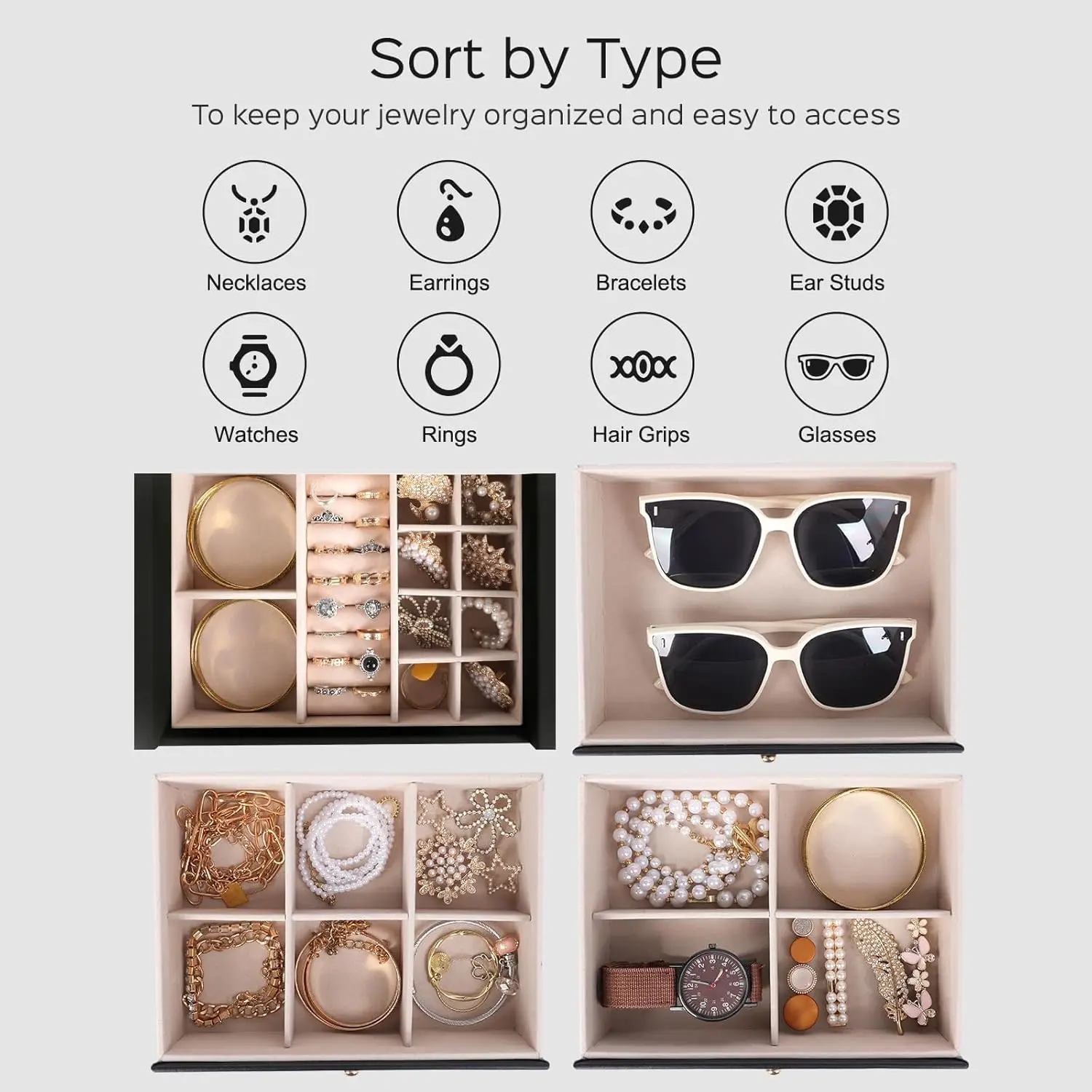 A large jewelry box with 3 drawers, a jewelry storage box for necklaces, rings, bracelets, watches, and mirrors 3