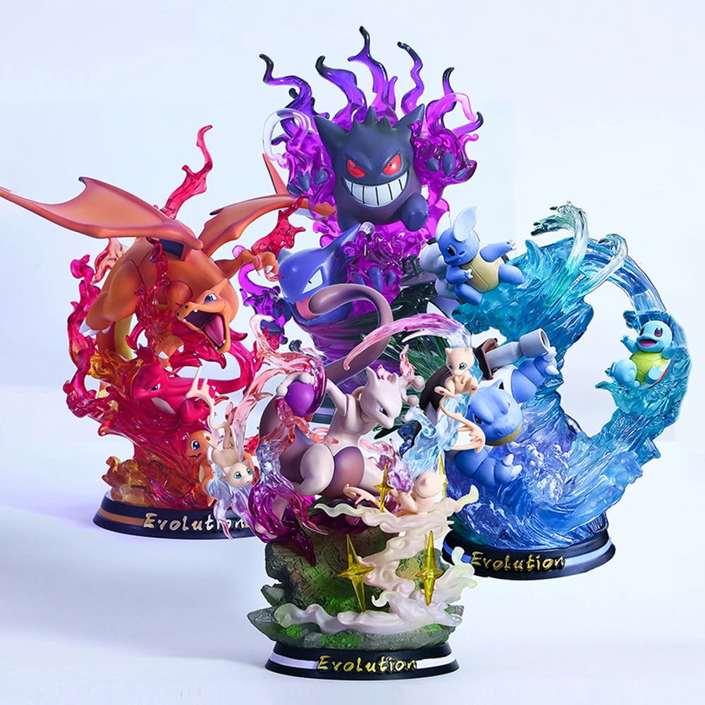 Gk Pokemon Figures Charizard Mewtwo Gengar Action Figurine LED Light Statue Model Collection