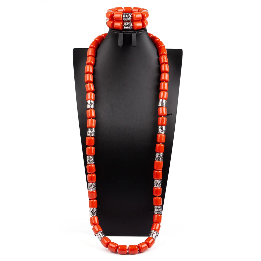 

40 Inches Artificial Coral Beads Necklace Set For MEN NEW African Nigerian Wedding Jewelry Acrylic Beads Set ABG115