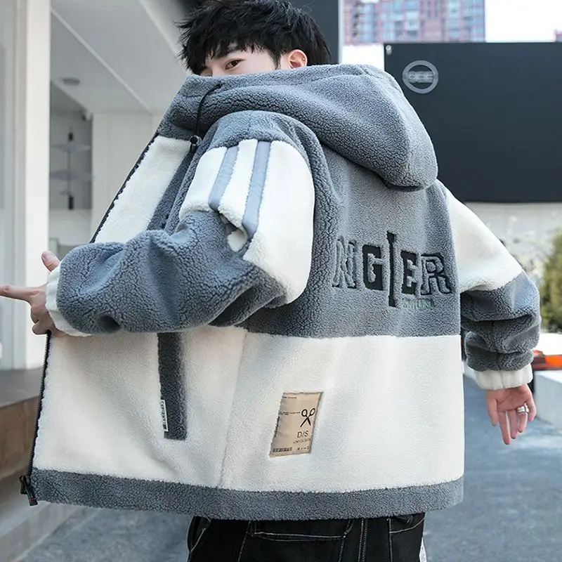 Fleece Coat Men Autumn Winter Korean Style Casual Clothing Student Quilted Jacket Trendy Clothes Thickened Cotton-Padded Clothes