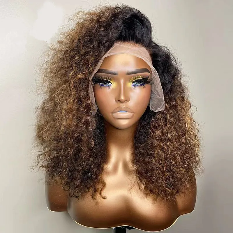 

Soft Long 26inch Kinky Curly Ombre Blonde 180%Density Lace Front Wig For Black Women Babyhair Preplucked Heat Resistant Glueless