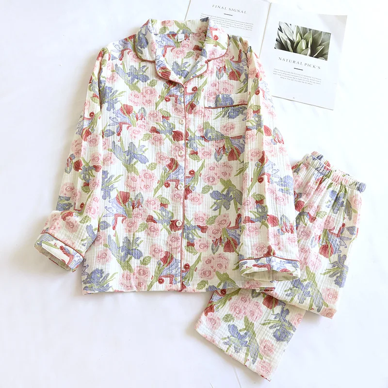 

Cotton Women Pajamas Sleepwear Female 2 Piece Set Floral Printed Nightwear Pyjamas Home Clothes Loungewear