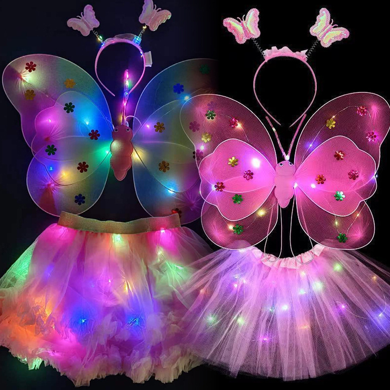 LED Glowing Glow LED Butterfly Wing Princess Tutu Skirts Fairy Costume For Girl Light Up Skirt Headband Birthday Costume Cosplay