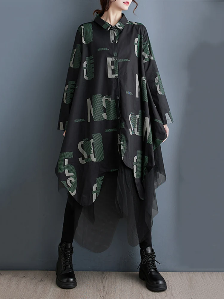 Mesh Spliced Vintage Letter Print Shirt Dresses For Women New Long Sleeve Loose Casual Dress Fashion Elegant Clothes Autumn 2025