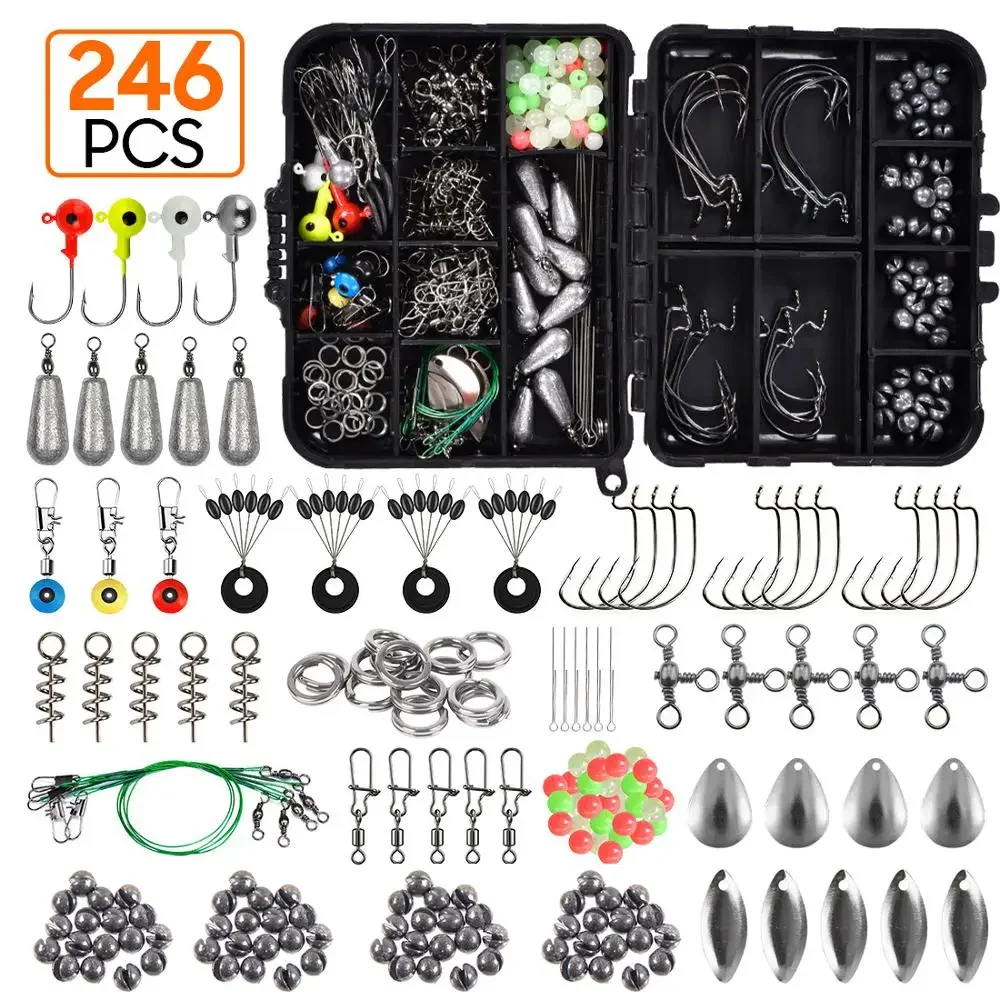 

246x Carp Fishing Tackle Kit in Box Fishing Swivels Snaps Rubber Anti Tangle Sleeves Hook Stop Beads Fishing Accessories