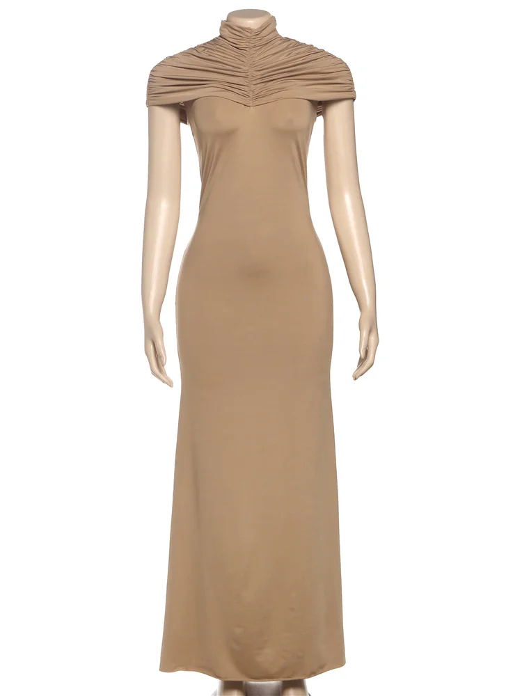 Nibber High Waist Ruched Long Dresses Woman Turtleneck Short Sleeve Skinny Robe Midnight Fashion Banquet Party Elegant Vestidos