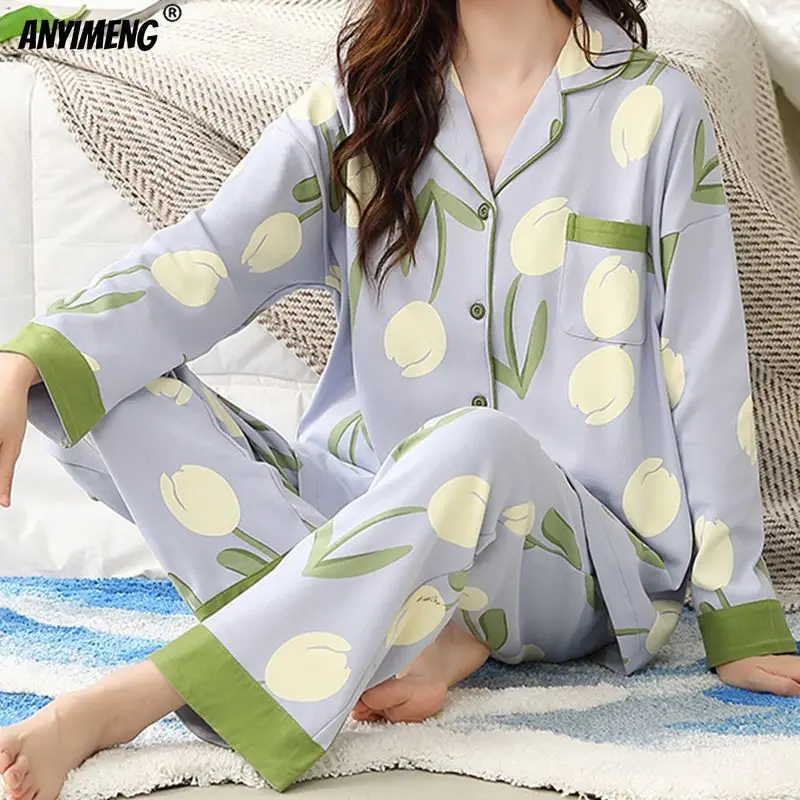 Spring New Pink Peaches Printed Womens Pajamas Set M-3XL Faux Cotton Turn-down Collar Sleepwear for Lady Loungewear Floral Pjs