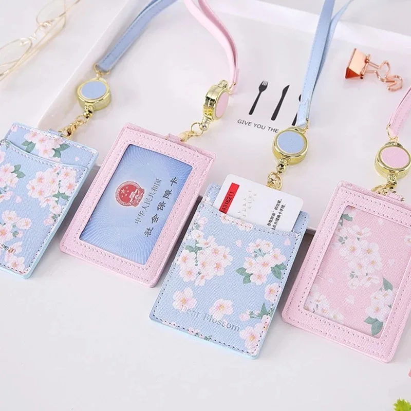 Kawaii Sakura Card Holder Lanyard Photocards ID Business Card Holder Portable Case Korean Stationery Office Supplies