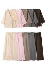 2024 Woman Trouser Set Solid V Neck Casual Kimono Style Lace Up Shirt Top + Elastic Waist Wild Women's Wide Leg Long Pant - Image 2