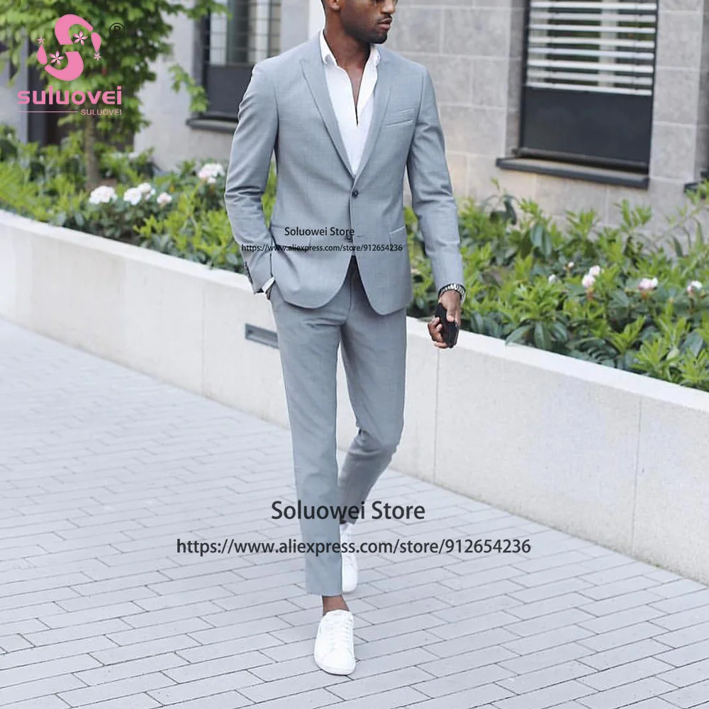 Fashion Grey Wedding Suits For Men Business 2 Piece Jacket Pants Set Formal Groom Peaked Lapel Tuxedos Male Blazer Costume Homme