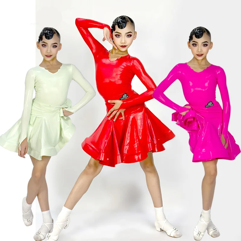 

Long Sleeve Latin Dance Clothes Children Competition Dresses 3 Colors Patent Leather ChaCha Samba Performance Costume DL11169