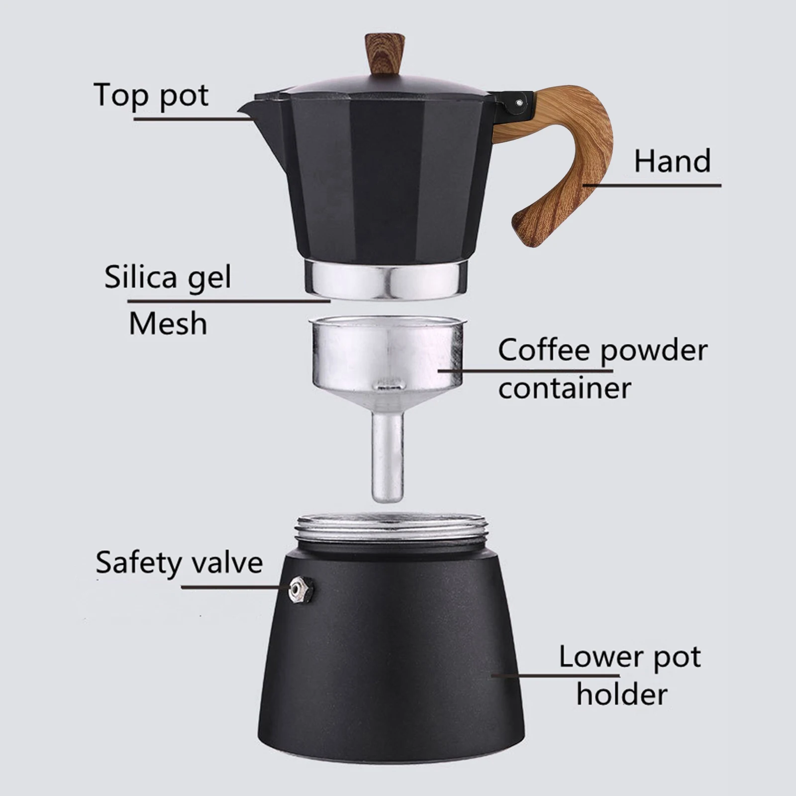 Manual Coffee Pot Octagonal Aluminum Mocha Pot Italian Espresso Coffee Maker Espresso Coffee Maker Espresso Maker