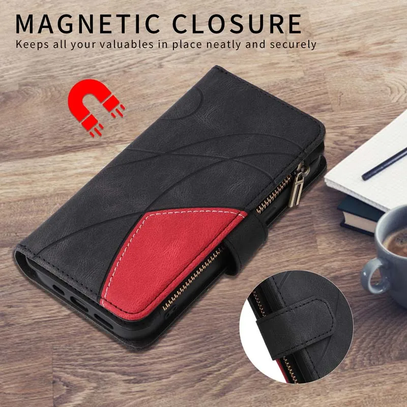 Leather Flip Wallet Phone Case with Zipper and 9-Card Holder Slots