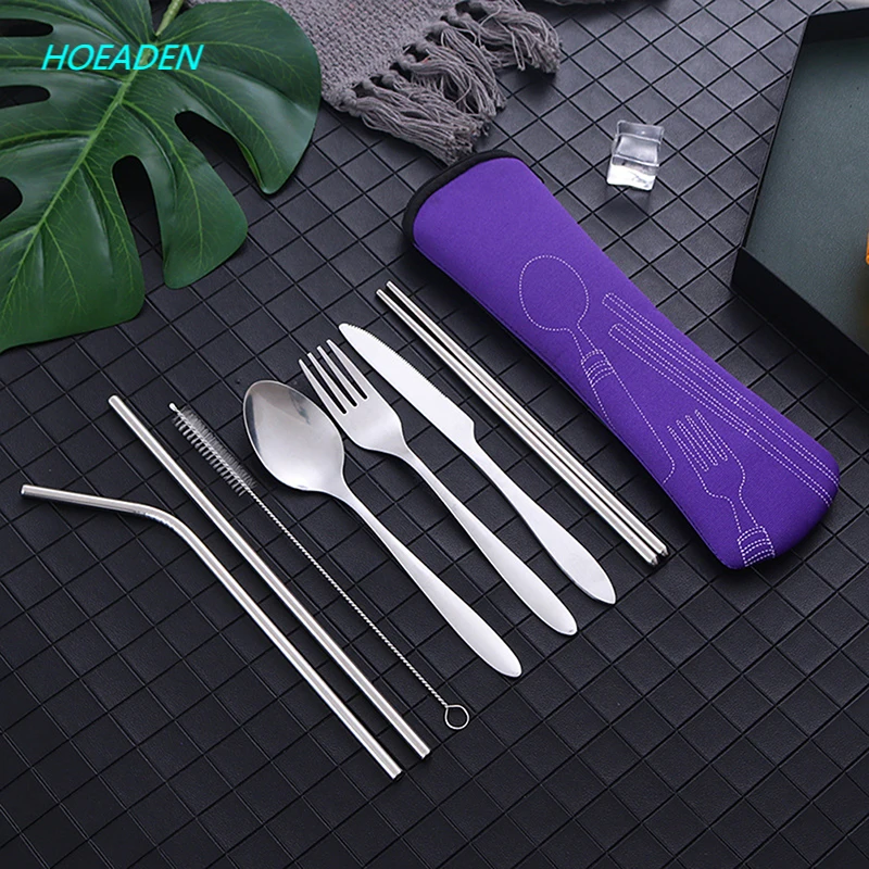 Stainless Steel Tableware Straw Fork Spoon Family Travel Camping Cutlery 8Pcs
