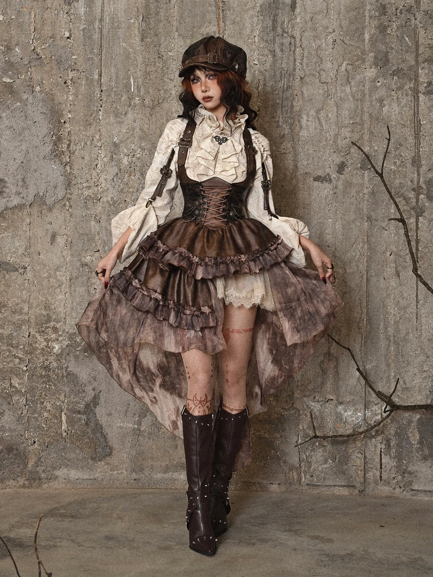

New Original Autumn Winter PU Brown Bandage Splicing Lolita Sling Dress Hot Girl Slim Fashion Sexy Dissymmetric Dress