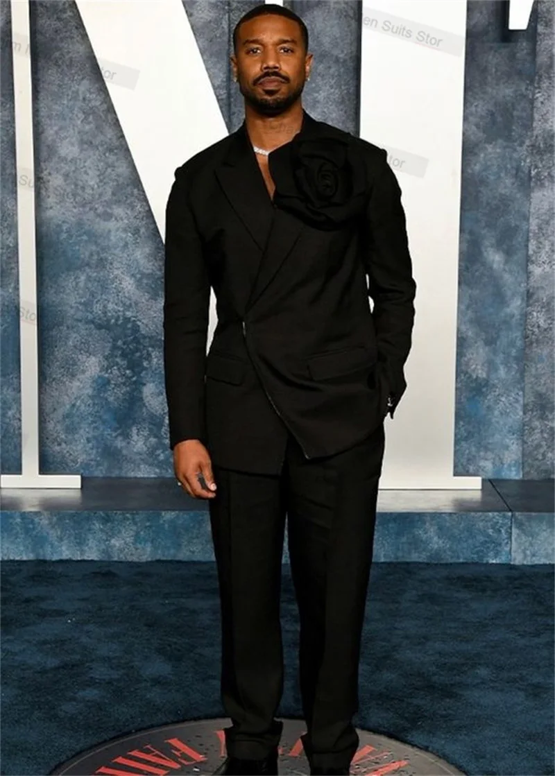 Formal Black Men Suits Set 2 Piece Blazer+Pants Custom Made Jacket Office 3D Flower Groom Wedding Tuxedo Single Breasted Coat