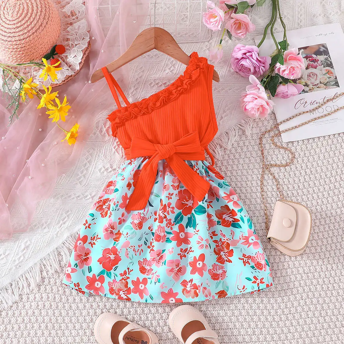 

2023 Summer New Arrival Girls Sleeveless Print Floral Ruffles Purple Roupa Infantil Menina Cute Dress Custume 3-7T