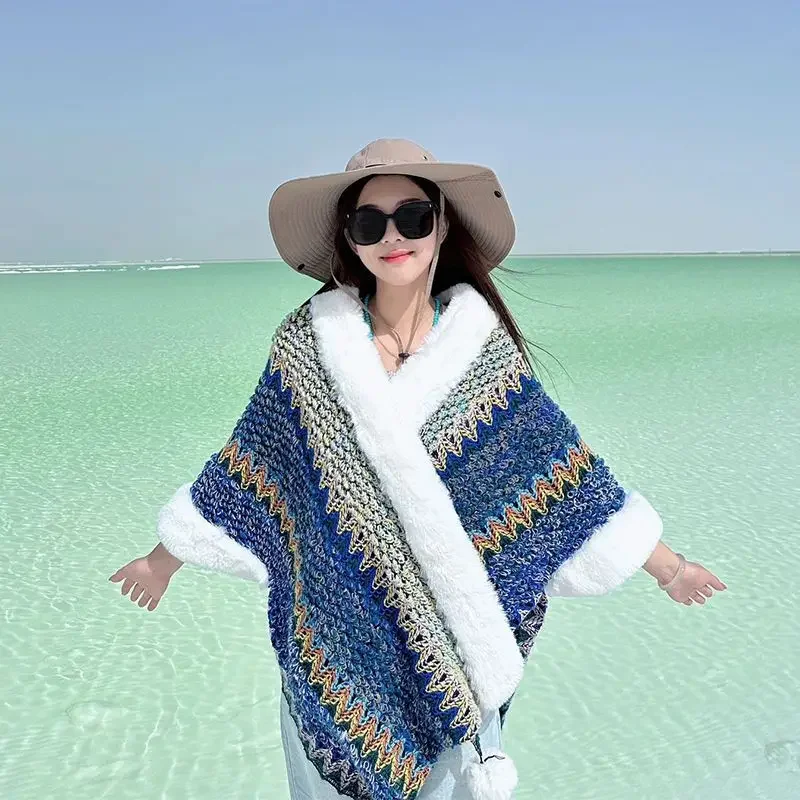 

Women Patchwork Scarves Shawls Coat Printing Winter Knitted Cashmere Capes Shawl Cardigans Warm Knit Poncho Blanket 2023 T303