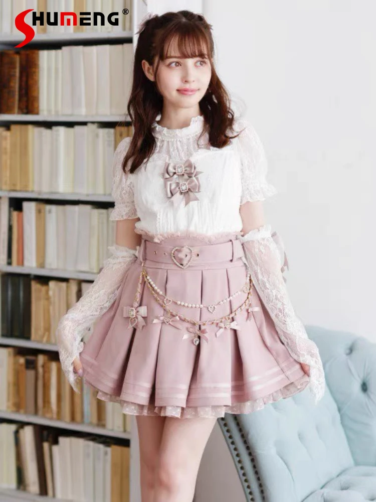 

Japanese Style Mine Bow Beaded Chain High Waist A-line Sweet Skirt Mass-Produced Lolita Love Belt Pleated Skirts Women Summer