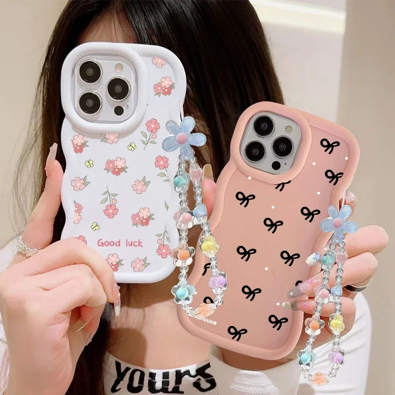 Bow Flower Lanyard Wavy Edge Phone Case