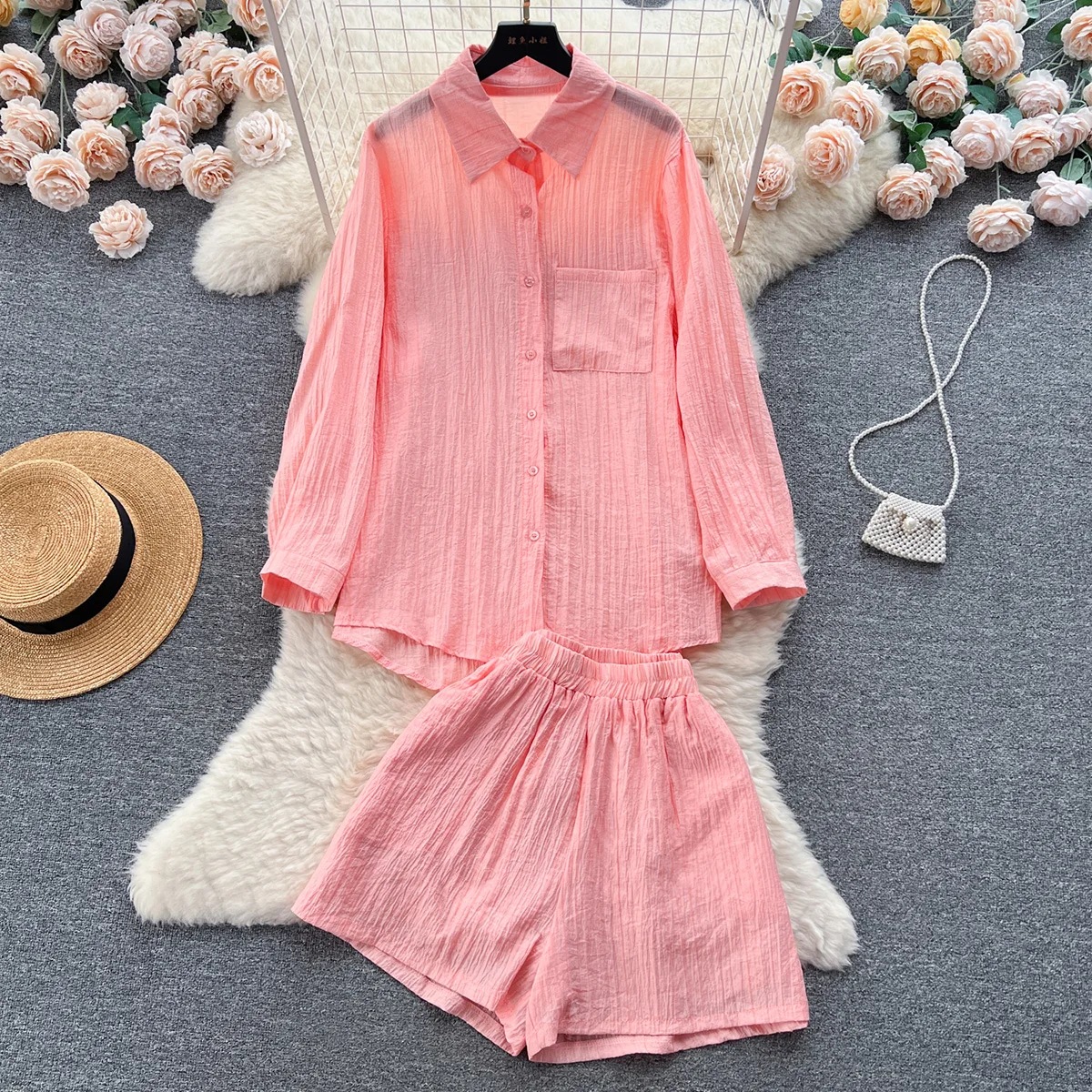 

Croysier Spring Summer Two Piece Set For Women Long Sleeve Loose Shirt And High Waist Shorts Casual Matching Sets Womens Outfits