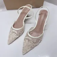 TRAF Woman Embroidered Mesh Open Heel Shoes Fashion Print Stiletto Women High-heel Pumps Sexy Pointed End Woman Sandals Mules 1