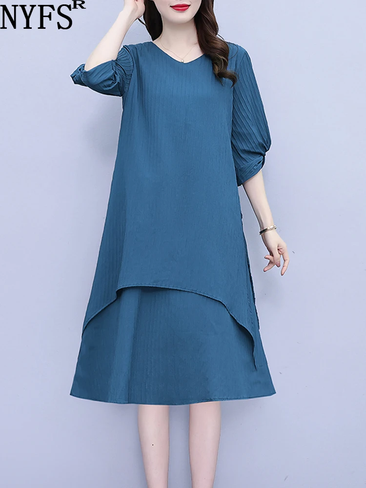 

NYFS 2023 Summer New Fashion Woman Dress Vestidos Robe Elbise Loose Plus Size Solid Short Sleeve Long Dresses L-5XL Size