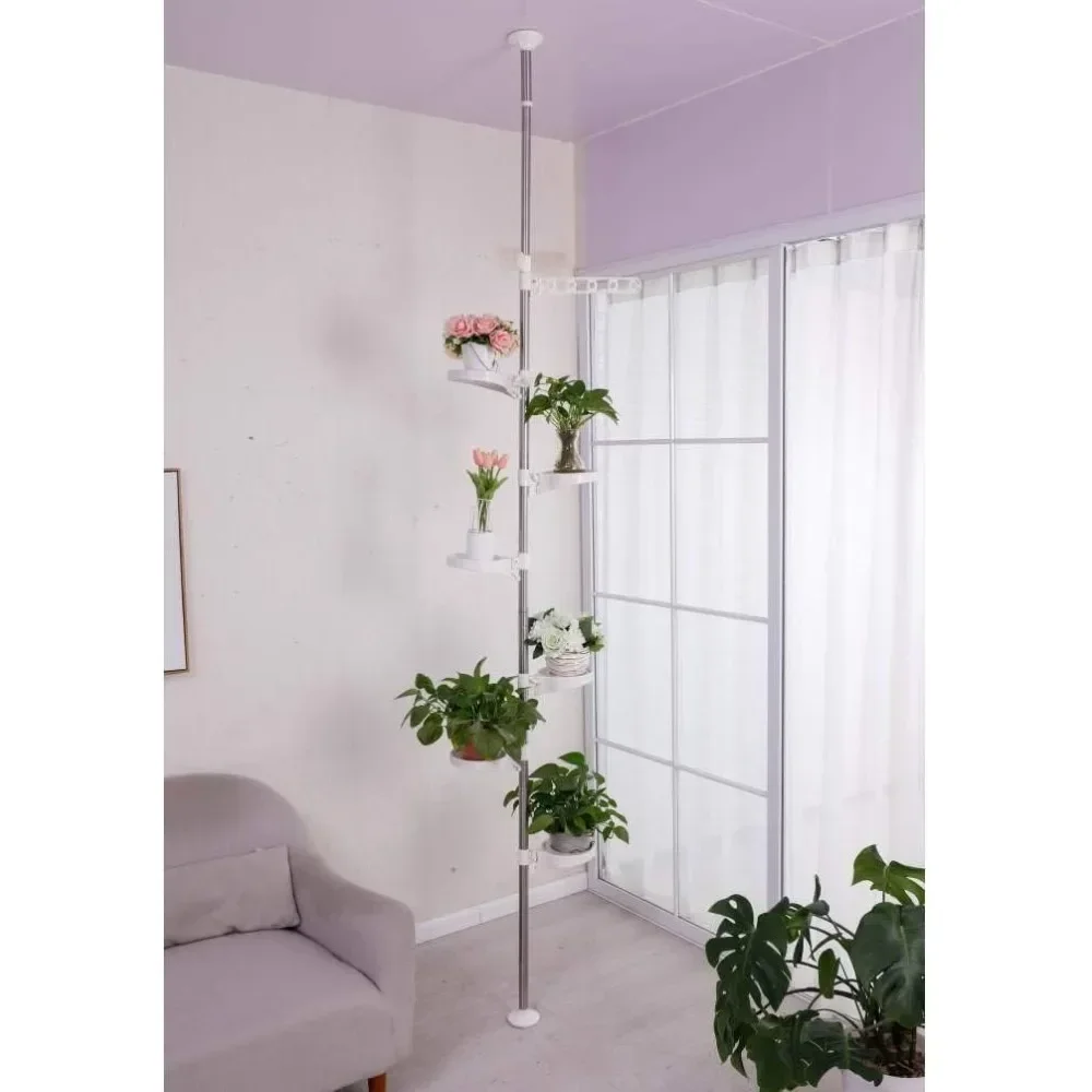 7-Layer Indoor Plant Stands Spring Tension Pole Metal Flower Display Rack Space Saver Corner Floral Pot Hanger Shelf Ivory Stand 2