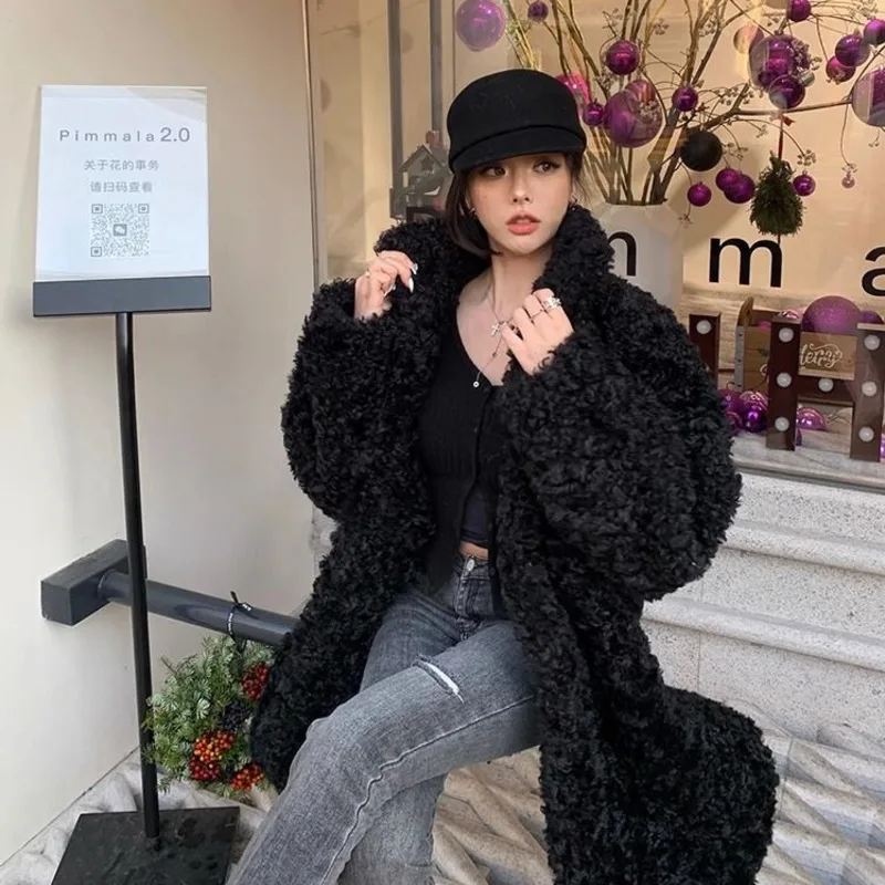 Autumn Winter Lamb Wool Medium Long Coat Fluffy Faux Fur Overcoat Women Elegant Thick Warm Faux Fur Jacket Female 2023 Loose Top