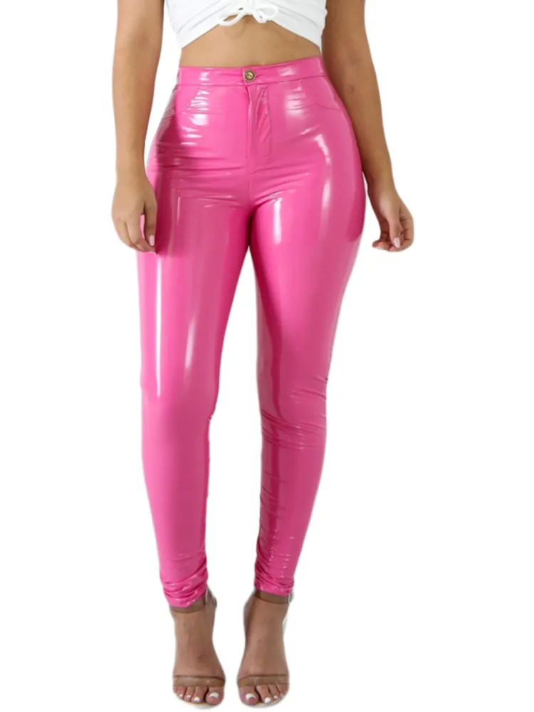 Latex Pu Leather Pants Women Pink Black Tight Trousers Streetwear Fashion High Waist Pencil Pant Female Slim Bottoms