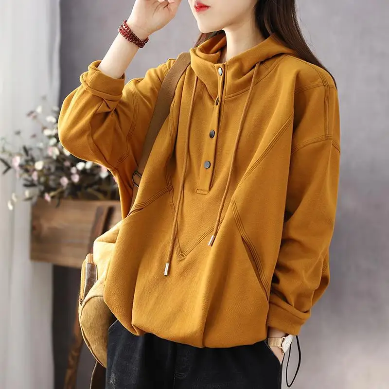 

Top European and American Women's Hooded Button Sweatshirt Spring and Autumn Fashion Solid Color Slim Fit Pullover Top 2023 New