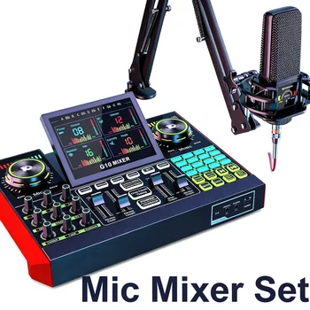 Tenlamp Audio Interface Mixer Sound board,G10 Boom Arm Professional Voice Changer,Podcast Equipment Bundle with 3.5mm Microphone and Live Sound Card For KOL Singing Gaming DJ Mixing Station Controller Equipment Studio Professional Recording Music Mixer 1
