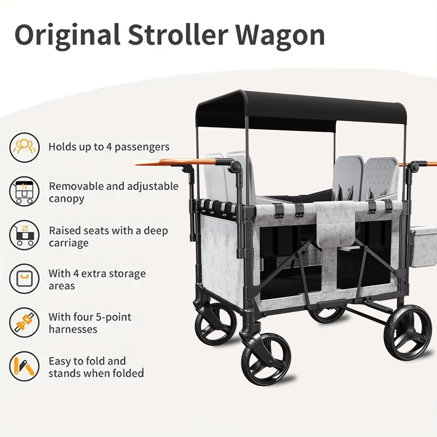 4-Seater Quad Stroller Wagon-Spacious, Collapsible, and Safe Ride with 5-Point Harnesses, Easy Access Zipper Door, and Removab