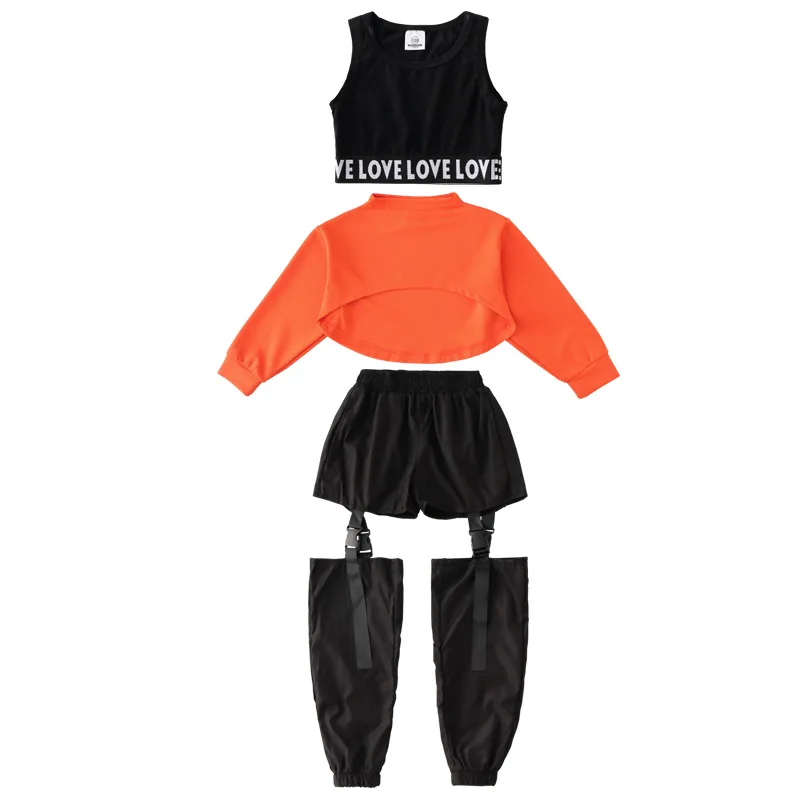 Hollow Causal Pants For Girl Boys Jazz Dance Costume Clothes Outfits Kids Hip Hop Clothing Orange Sweatshirt T Shirt Top Crop