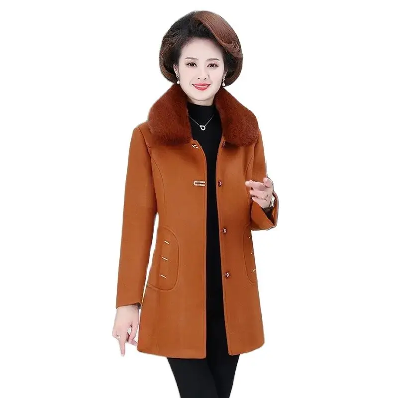 Middle-aged And Elderly Women's Fashion Mother Winter Woolen Coat Temperament Long With Fur Collar Slim Warm Cotton Coat Woman.