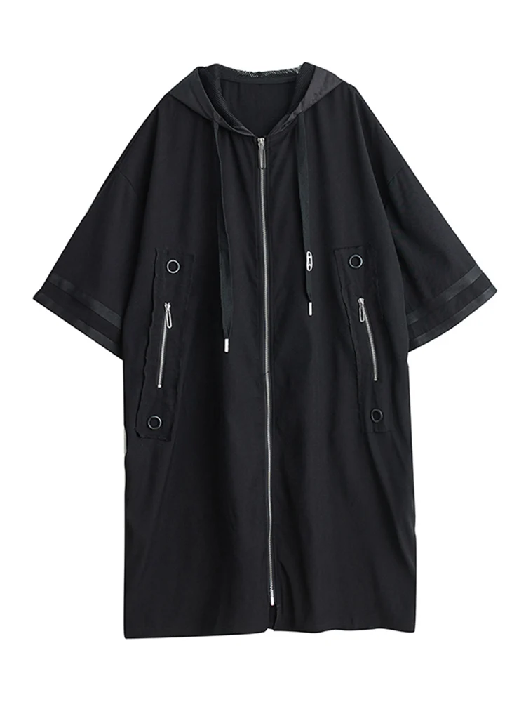 Oversized Hooded Trench Coat For Women Zipper Patchwork Pocket Casual Loose Black Vintage Outerwear Cardigan Spring Autumn 2025