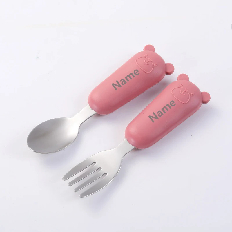 Baby Cutlery Set - Fork & Spoon Stainless Steel with Silicone Handles Free Name Engraving Children's Surprise Gift