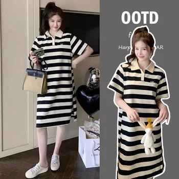 Striped Turn-down Collar Preppy Maternity Knitted Dress Short Sleeve Pregnant Women Straight  Pregnancy Clothing