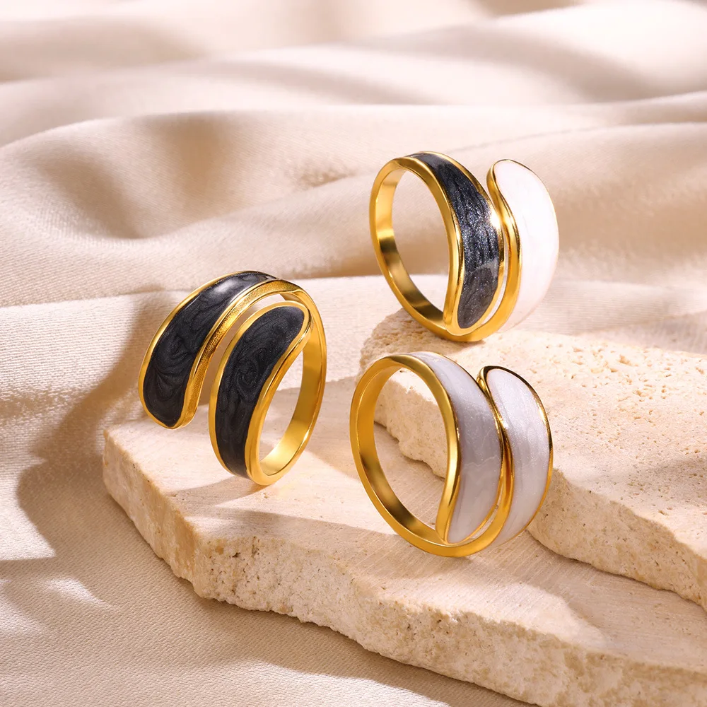 Elegant Black and White Enamel Stainless Steel Double Layer Adjustable Ring