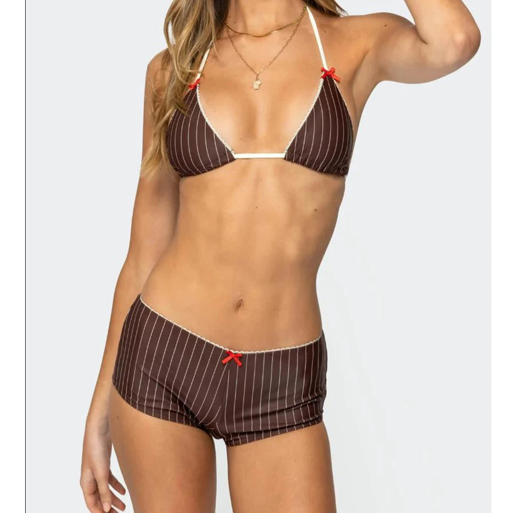 Women 2 Piece Bikini Shorts Set Y2k Leopard/Striped Print Halter String Triangle Bikini Tops+Low Rise Swim Boyshorts Beachwear