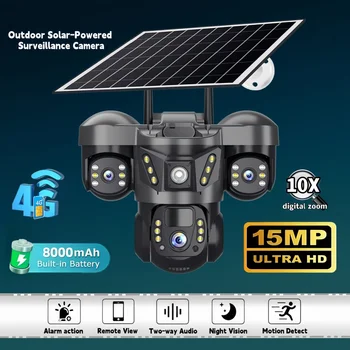 Telecamera IP Solare Esterna 15MP con Tripla Lente PTZ, Zoom 10X, Triplo Schermo, 4G LTE, Sicurezza a 360° ° Telecamera CCTV Wireless Smart Home con Tracciamento Automatico